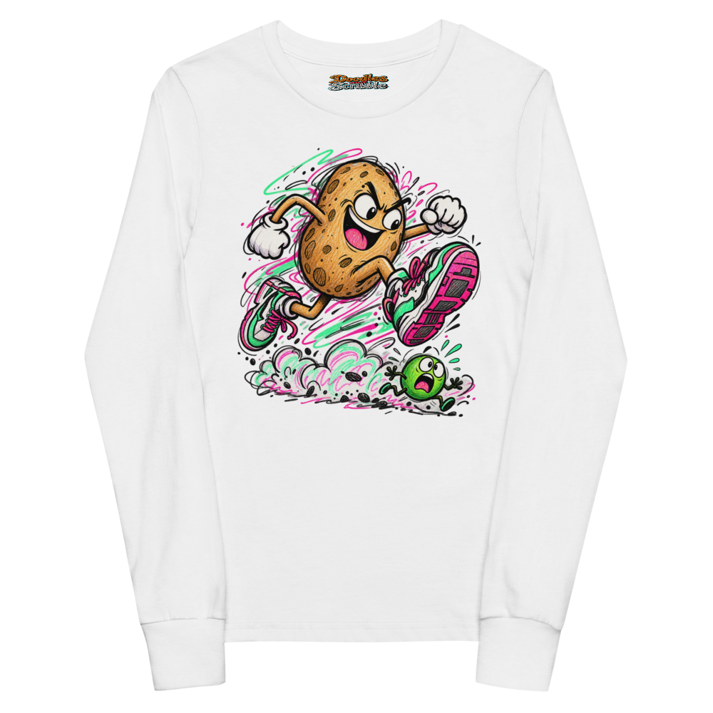A Potato In Chunky Trainers Dramatically Hurdles A Youth Long Sleeve T Shirt in White