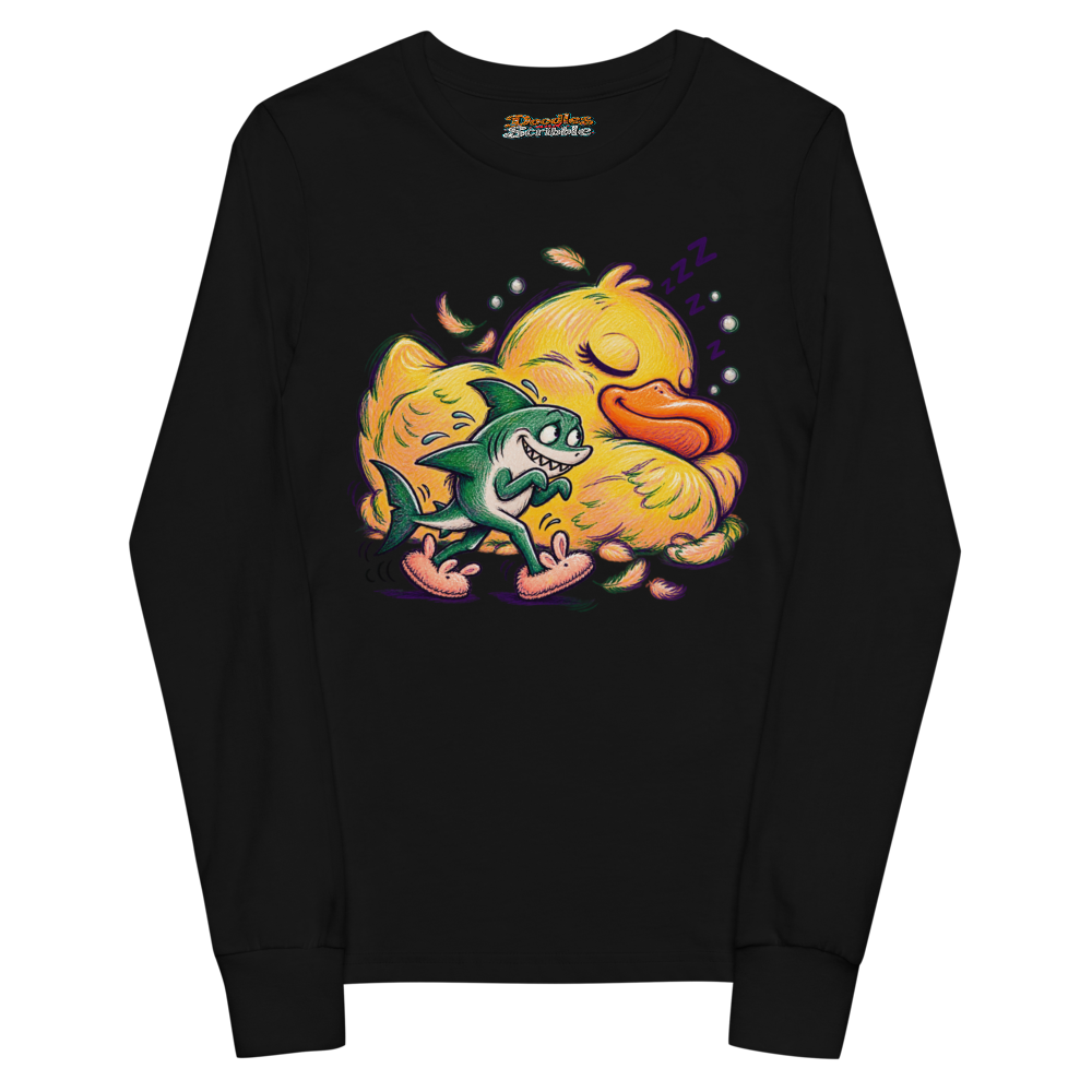 A Shark Wearing Fluffy Slippers Tiptoes Past A Youth Long Sleeve T Shirt alternate view