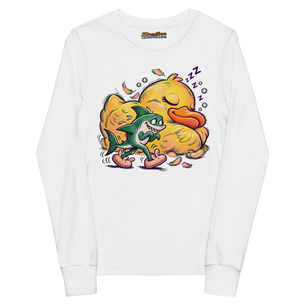 A Shark Wearing Fluffy Slippers Tiptoes Past A Youth Long Sleeve T Shirt