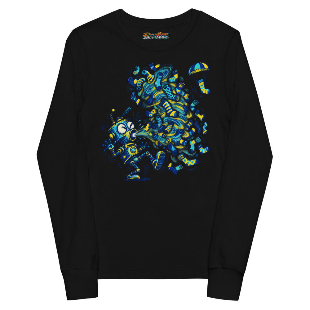 A Robot Sneezes A Tornado Of Mismatched Socks Youth Long Sleeve T Shirt alternate view