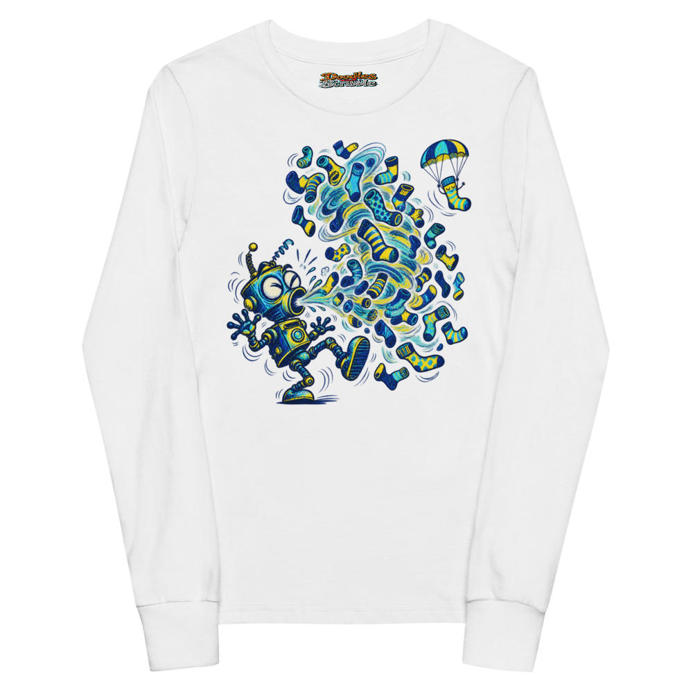 A Robot Sneezes A Tornado Of Mismatched Socks Youth Long Sleeve T Shirt