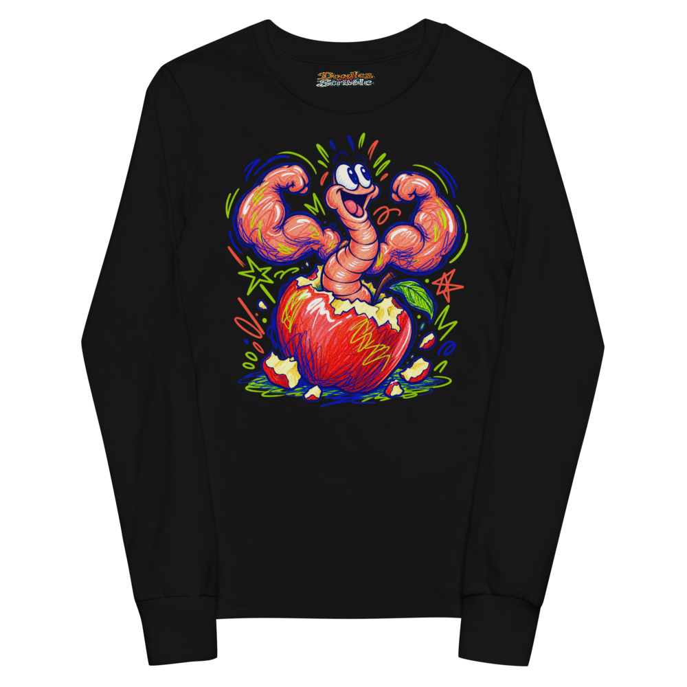 A Worm Emerging From An Apple Flexes Hilariously Youth Long Sleeve T Shirt alternate view