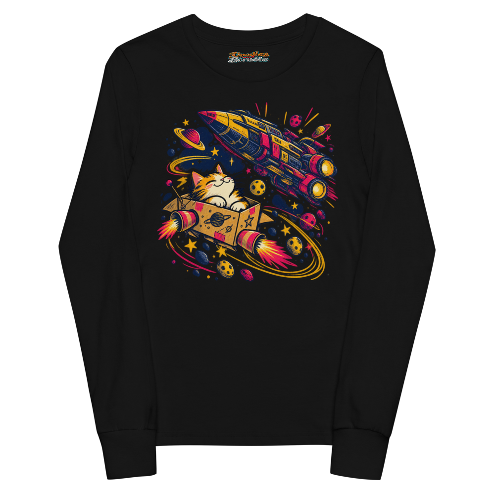 A Cat In A Cardboard Spaceship Ignores A Youth Long Sleeve T Shirt alternate view
