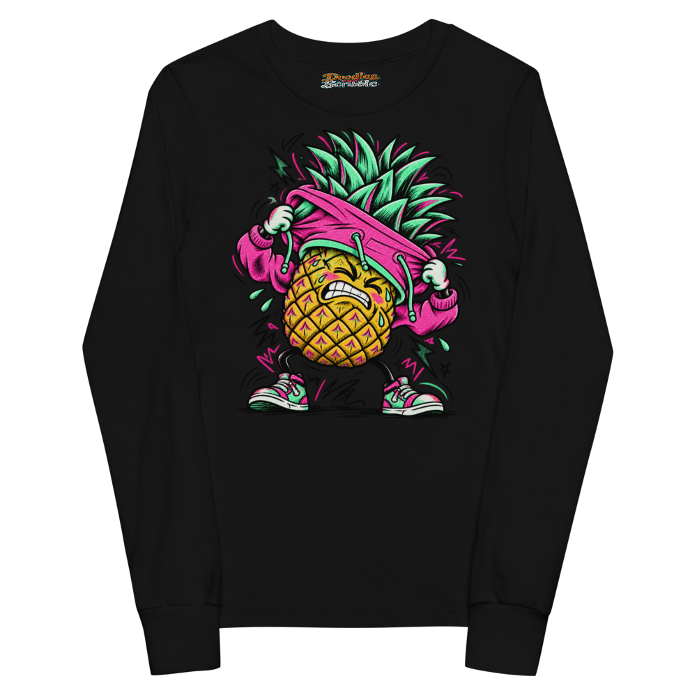 A Pineapple Struggles To Pull A Hoodie Over Youth Long Sleeve T Shirt alternate view