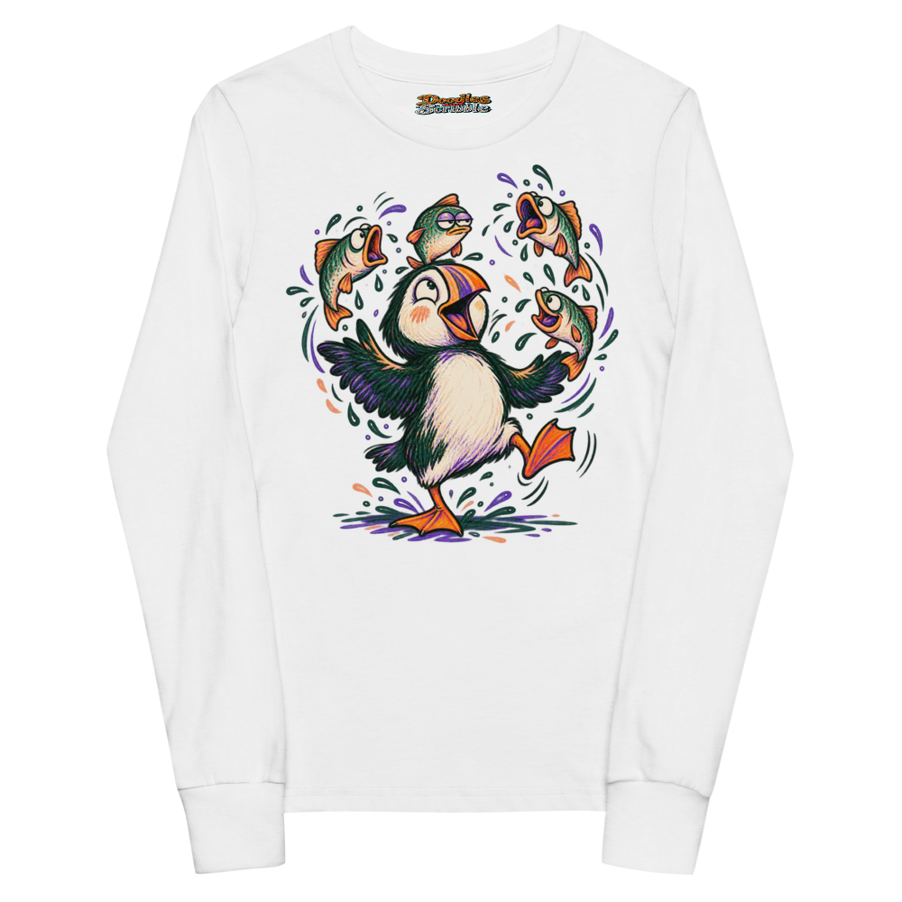A Puffin Attempts To Juggle Three Slippery Fish Youth Long Sleeve T Shirt in White