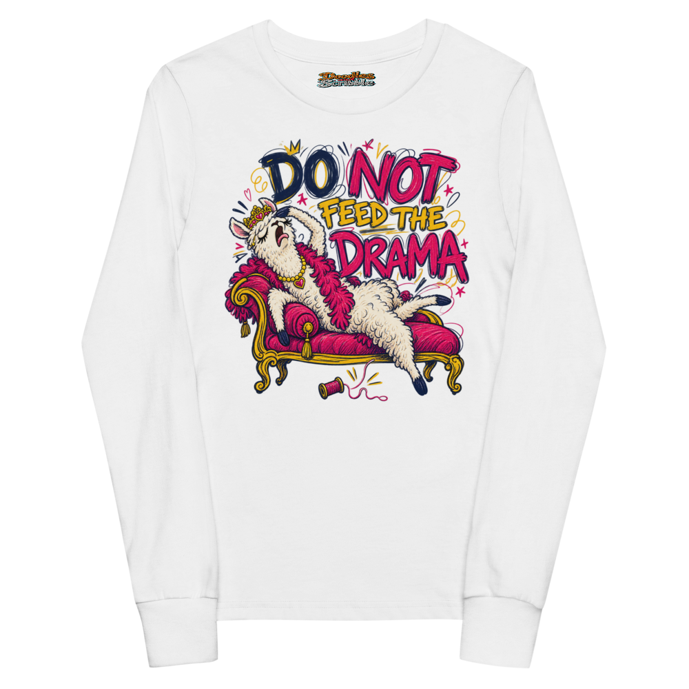 Do Not Feed The Drama Youth Long Sleeve T Shirt in White
