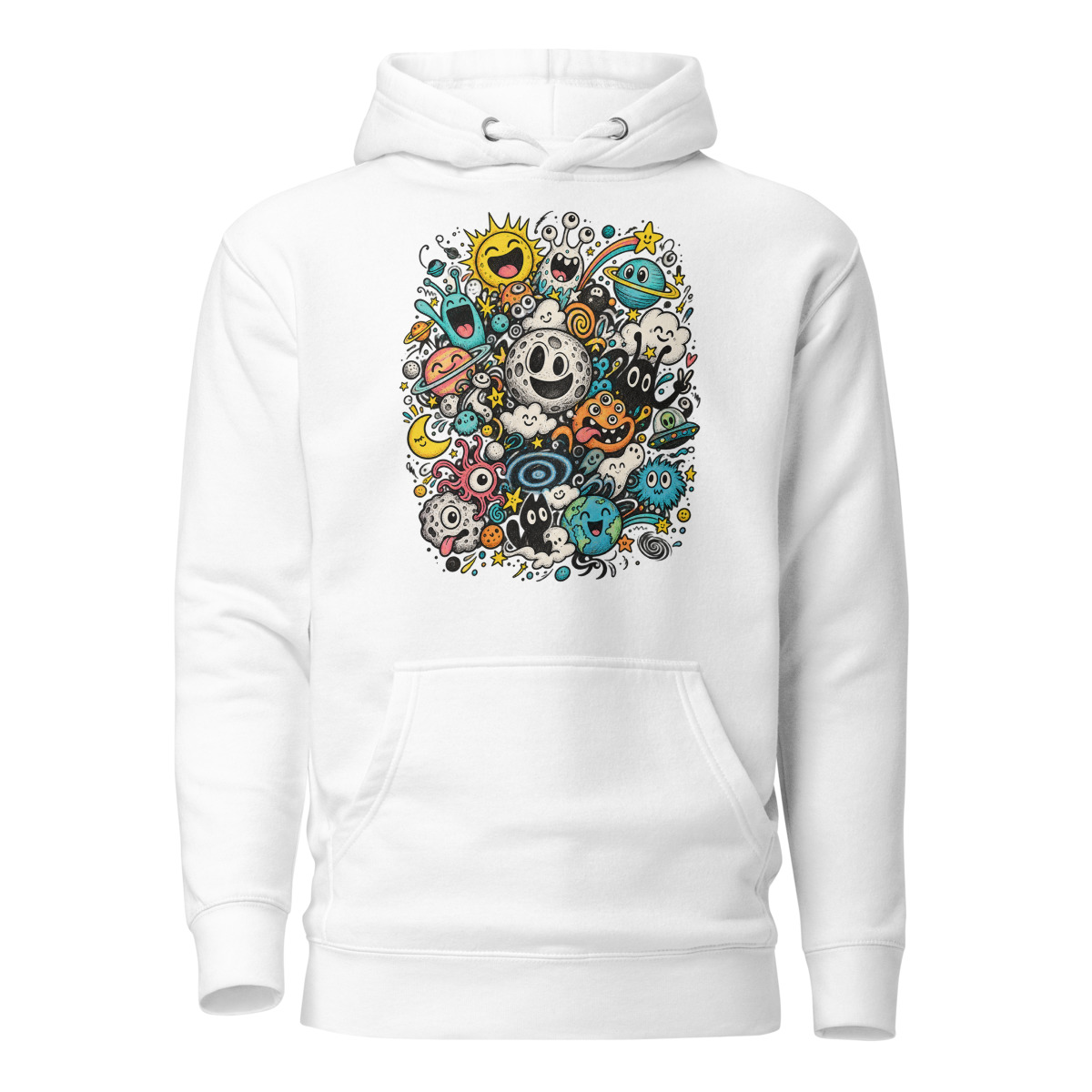 Doodle Galaxy with a Kaleidoscope of Emotions Unisex pullover hoodie in White