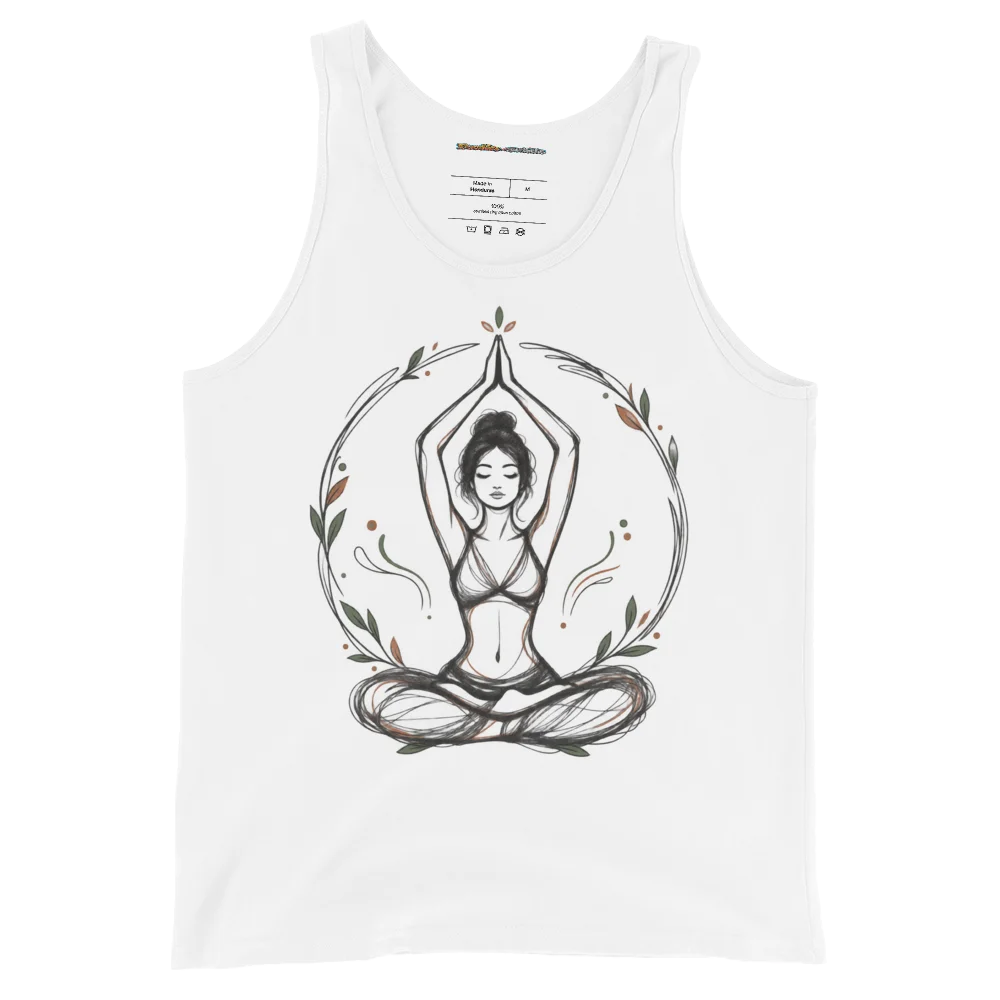 Yogic Serenity with Calm Pose Design Illustrated Tank Top in White