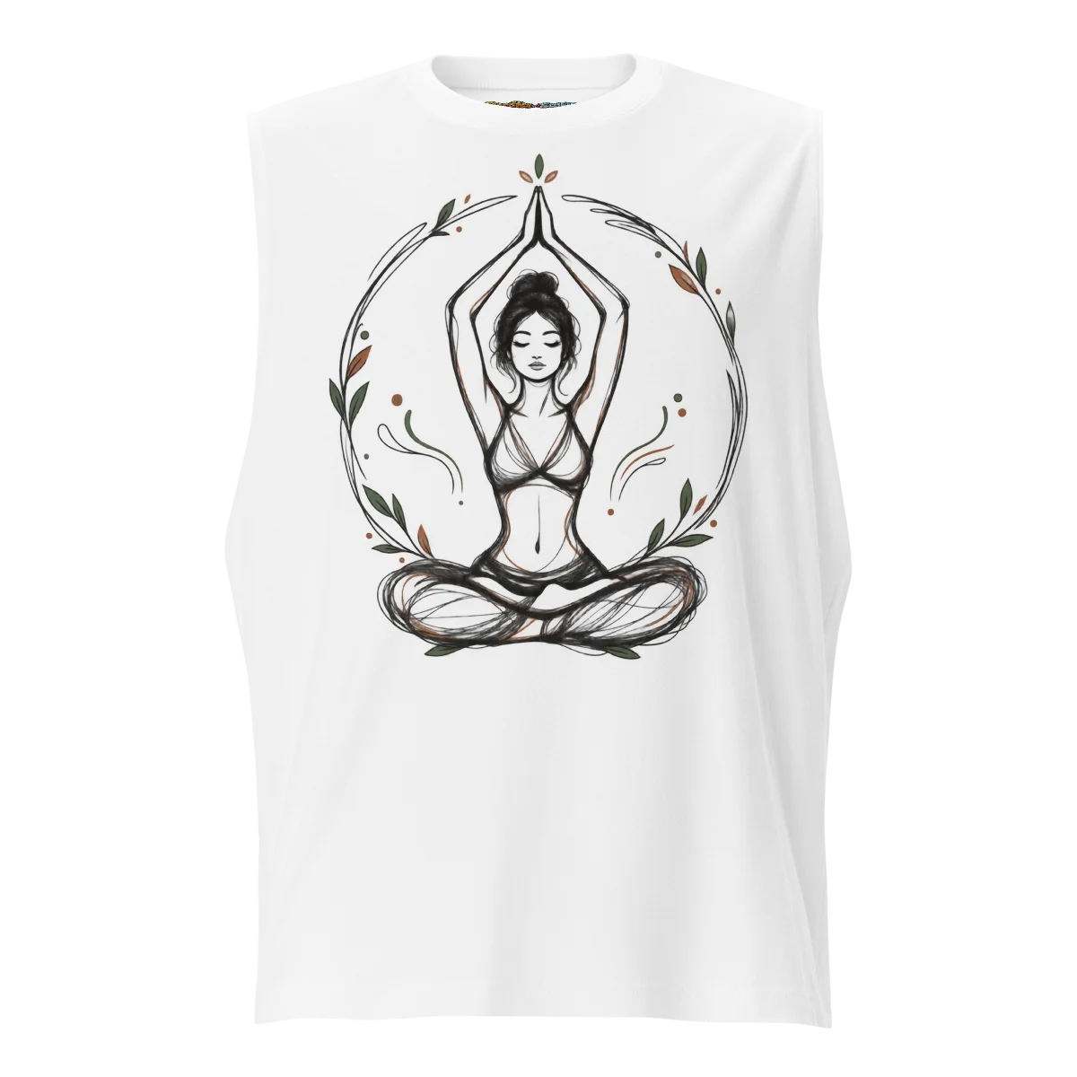 Yogic Serenity with Calm Pose Design Sleeveless Graphic Shirt in White