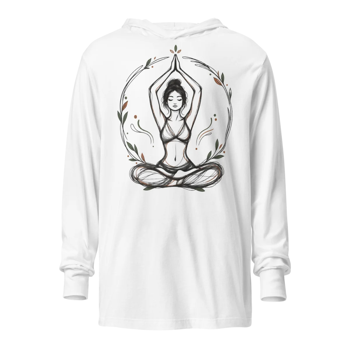 Hooded Yogic Serenity with Calm Pose Design Long-Sleeve Top in White