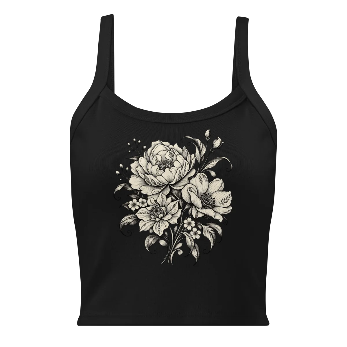 Women's Monochrome Floral with Elegant Bloom Artwork Micro-Rib Tank alternate view