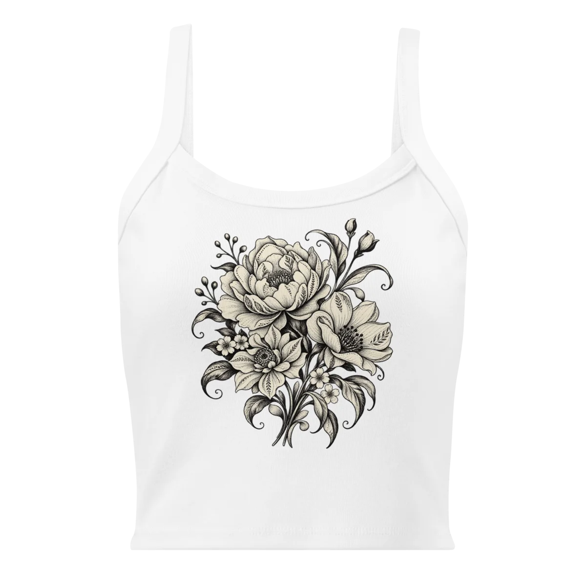 Women's Monochrome Floral with Elegant Bloom Artwork Micro-Rib Tank