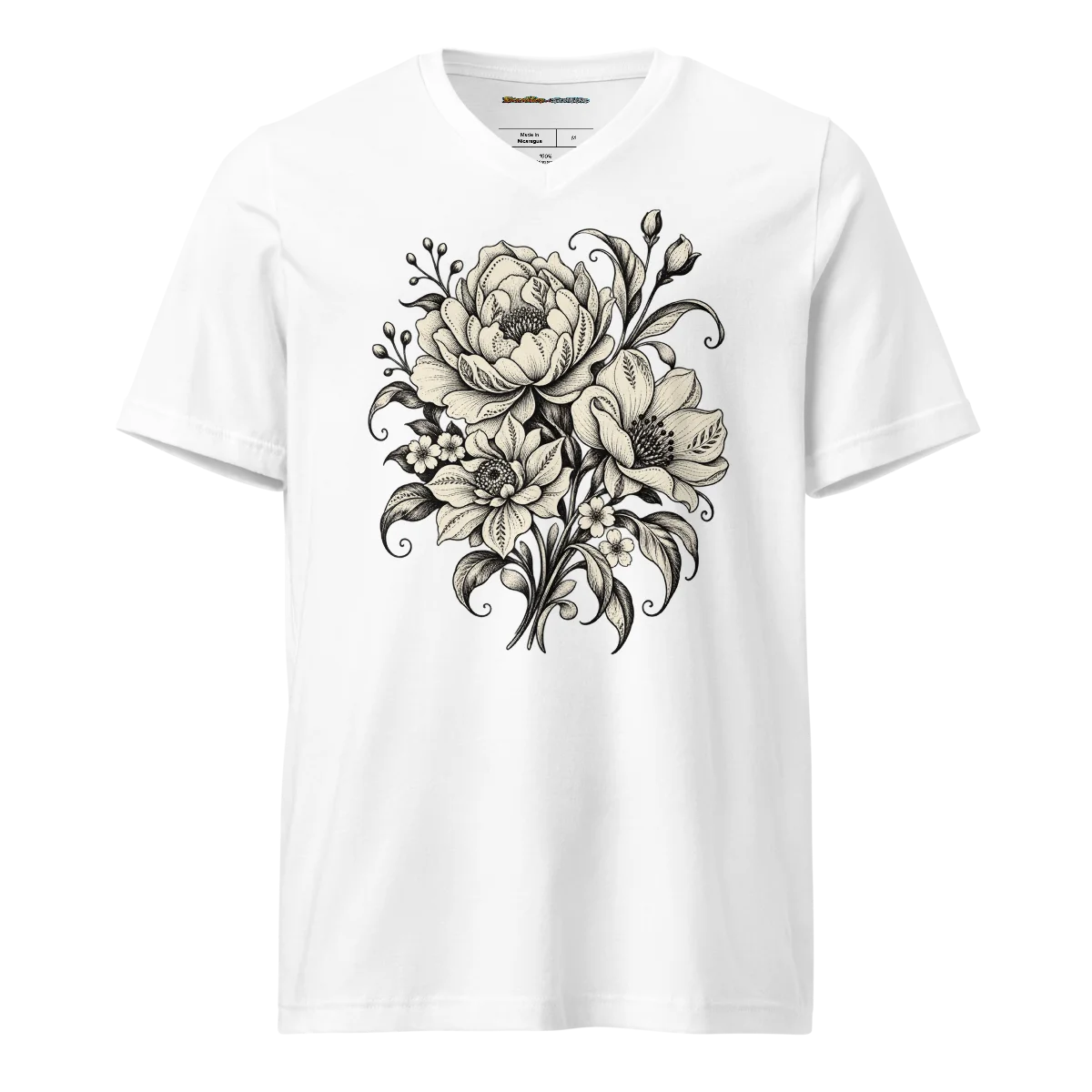 V-Neck Monochrome Floral with Elegant Bloom Artwork Art Tee