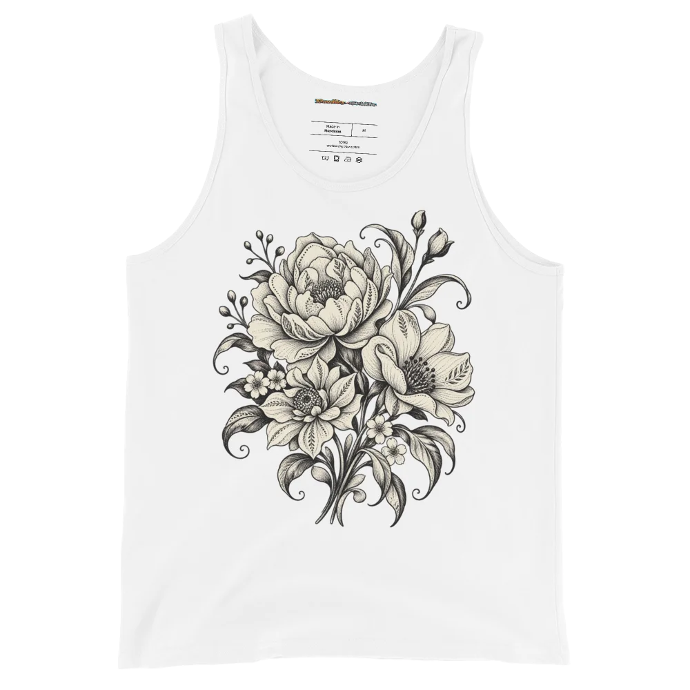 Monochrome Floral with Elegant Bloom Artwork Illustrated Tank Top