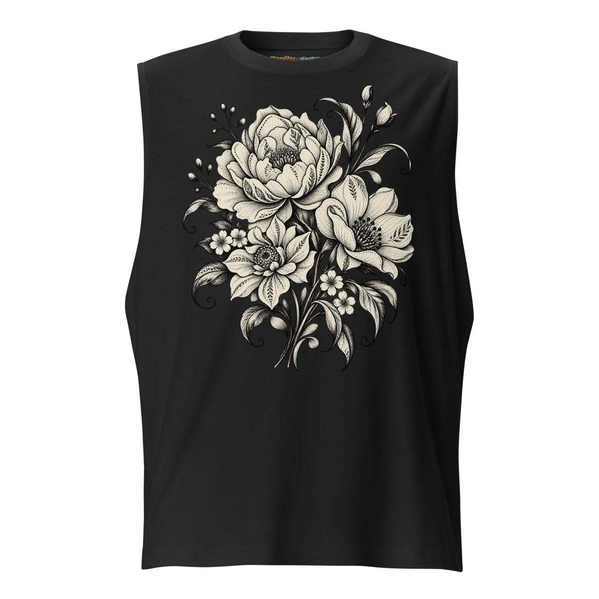 Monochrome Floral with Elegant Bloom Artwork Sleeveless Graphic Shirt alternate view