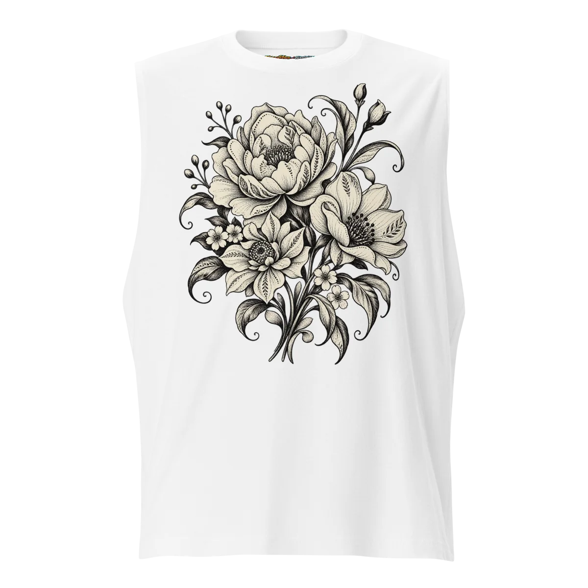Monochrome Floral with Elegant Bloom Artwork Sleeveless Graphic Shirt