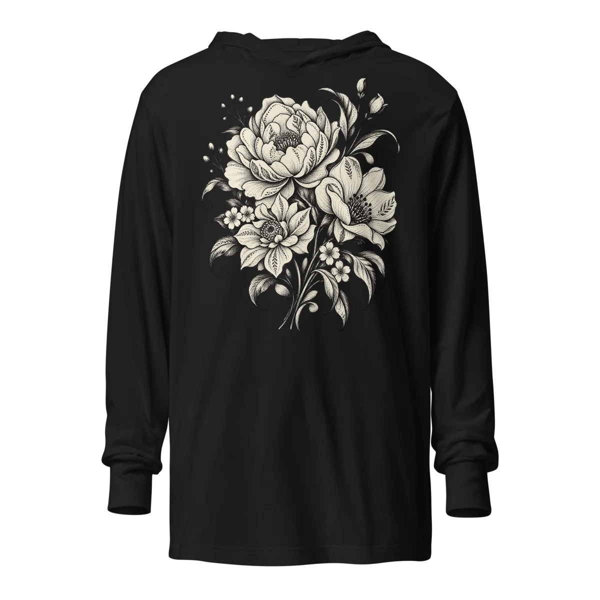 Hooded Monochrome Floral with Elegant Bloom Artwork Long-Sleeve Top alternate view