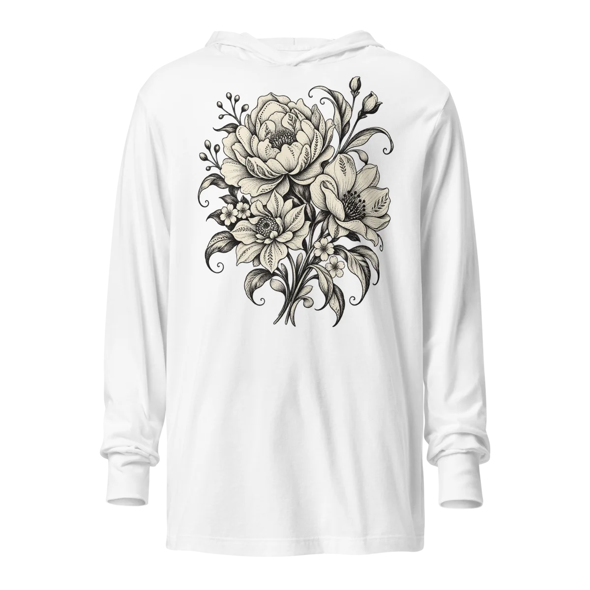 Hooded Monochrome Floral with Elegant Bloom Artwork Long-Sleeve Top