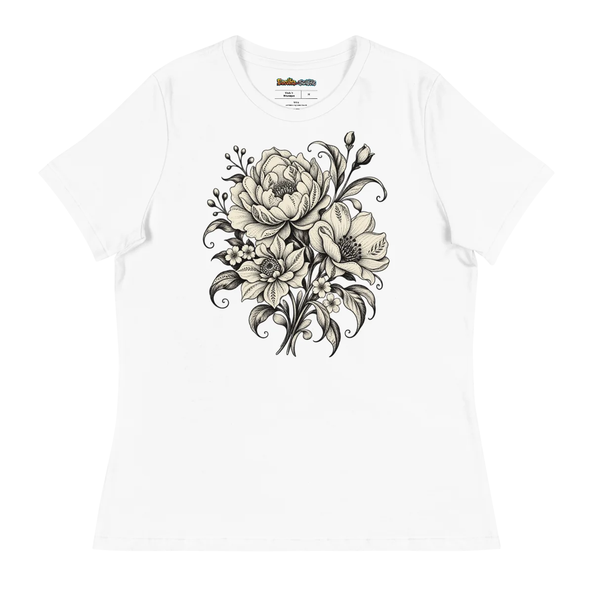Women's Relaxed Monochrome Floral with Elegant Bloom Artwork Art Tee
