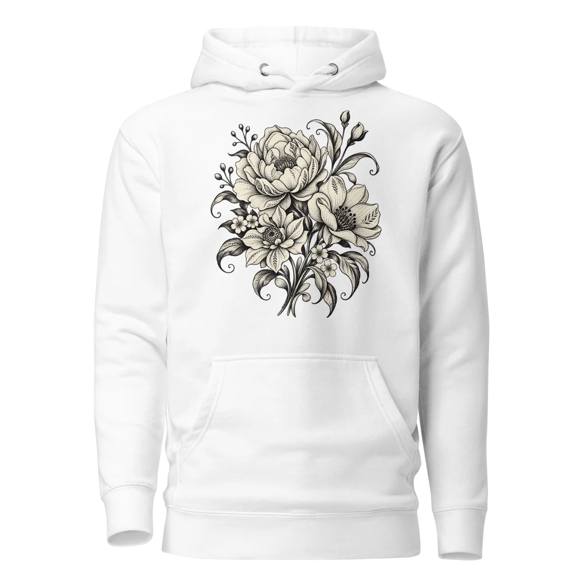 Monochrome Floral with Elegant Bloom Artwork Graphic Pullover Hoodie in White