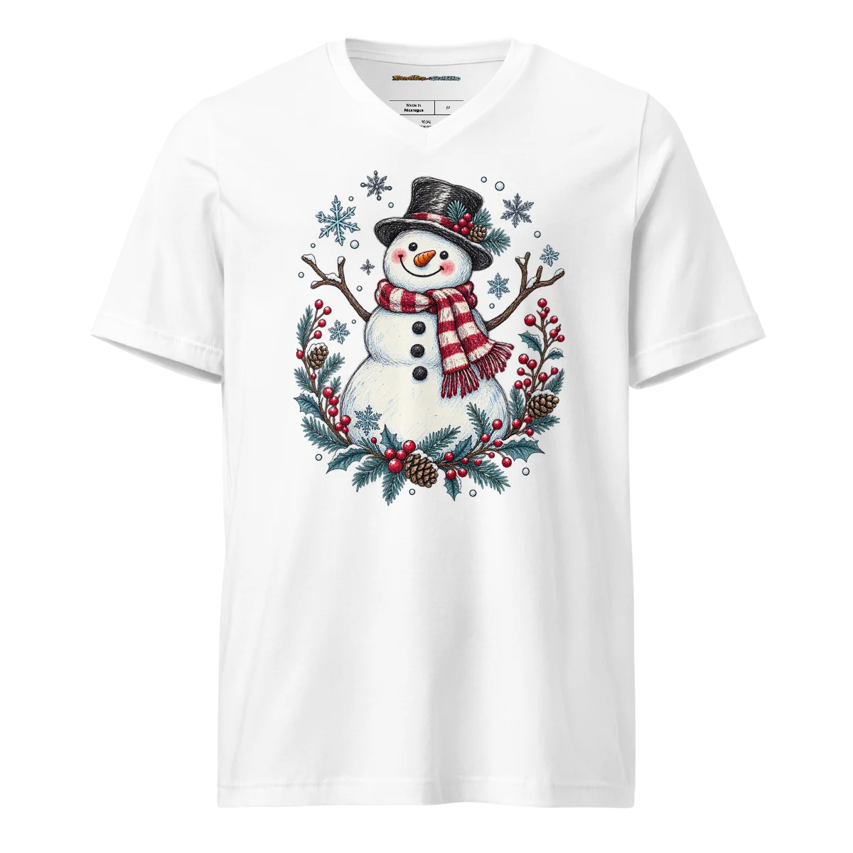V-Neck Festive Snowman with Winter Wonderland Doodle Art Tee