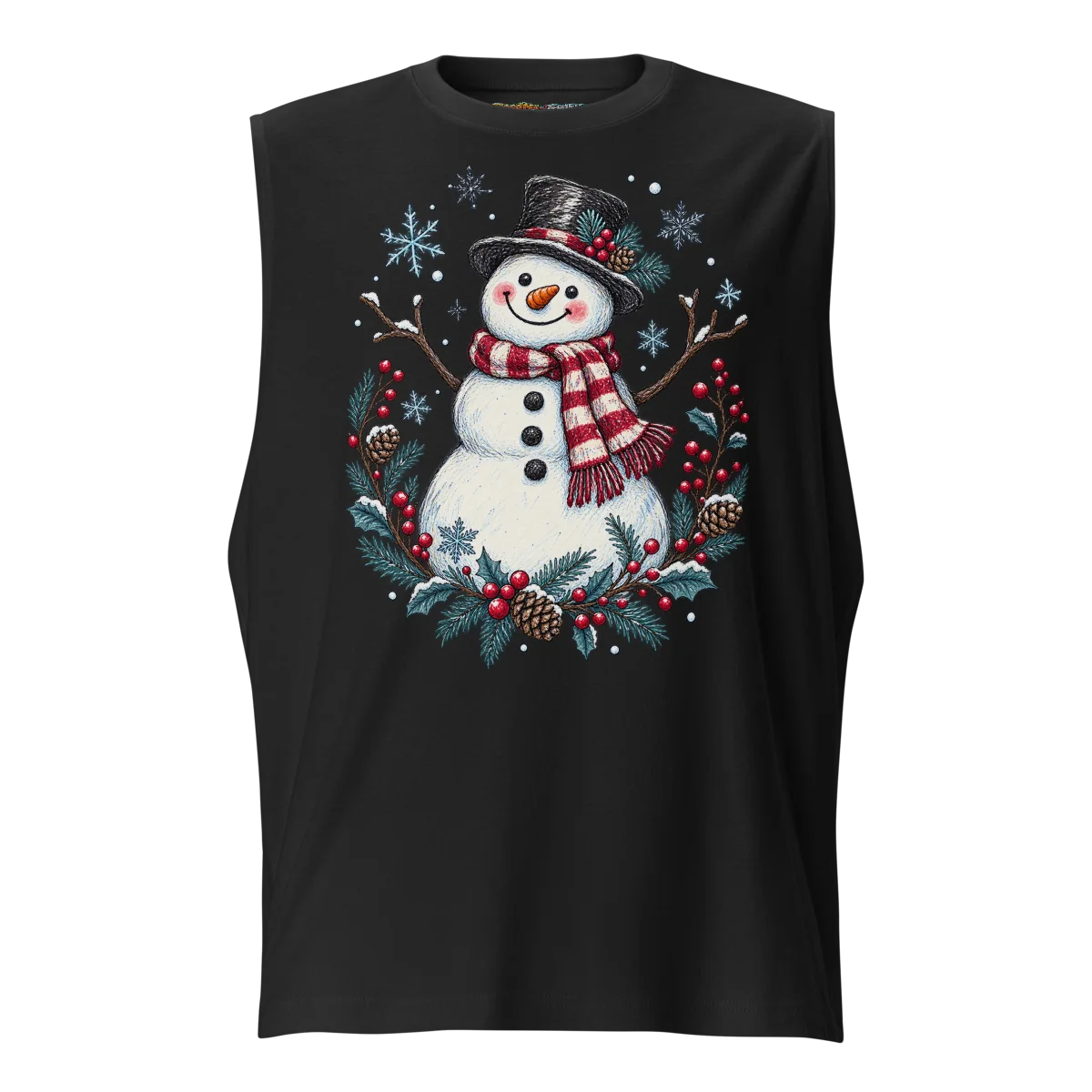 Festive Snowman with Winter Wonderland Doodle Sleeveless Graphic Shirt alternate view