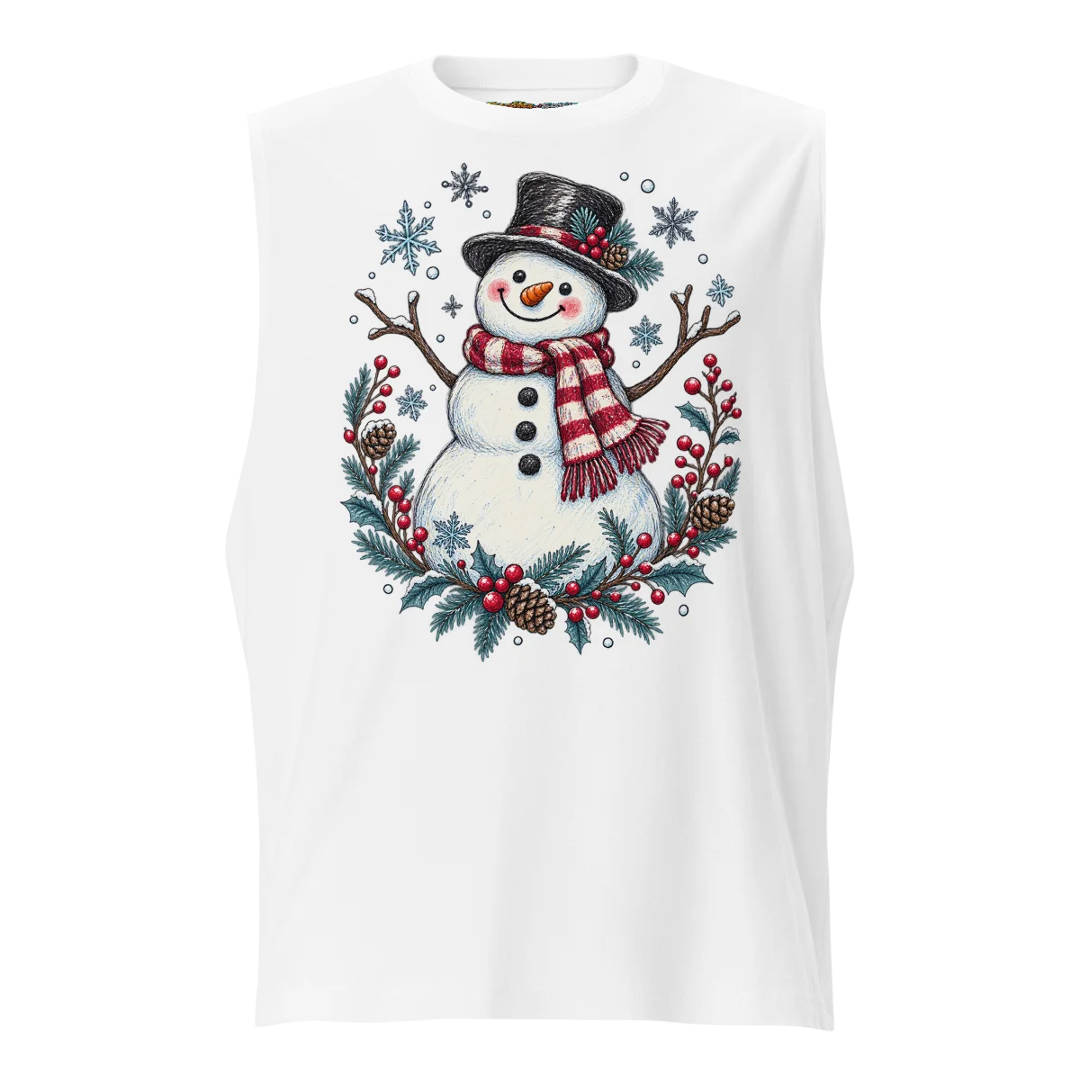 Festive Snowman with Winter Wonderland Doodle Sleeveless Graphic Shirt