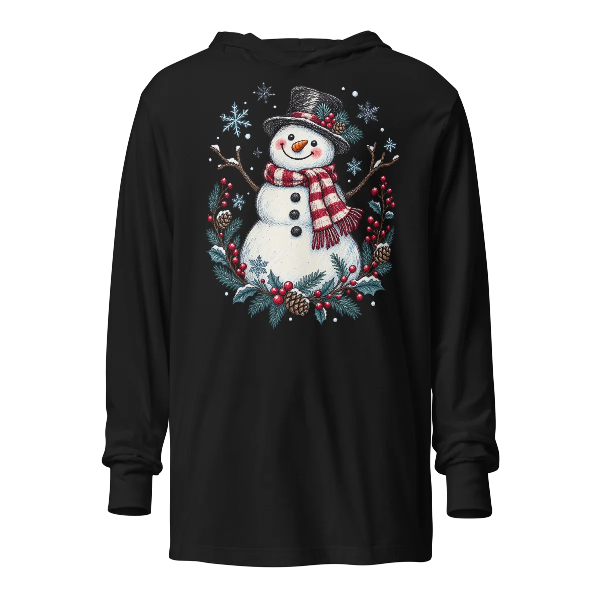 Hooded Festive Snowman with Winter Wonderland Doodle Long-Sleeve Top alternate view