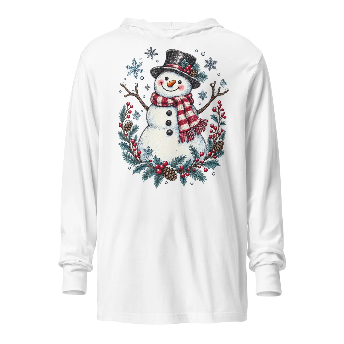 Hooded Festive Snowman with Winter Wonderland Doodle Long-Sleeve Top