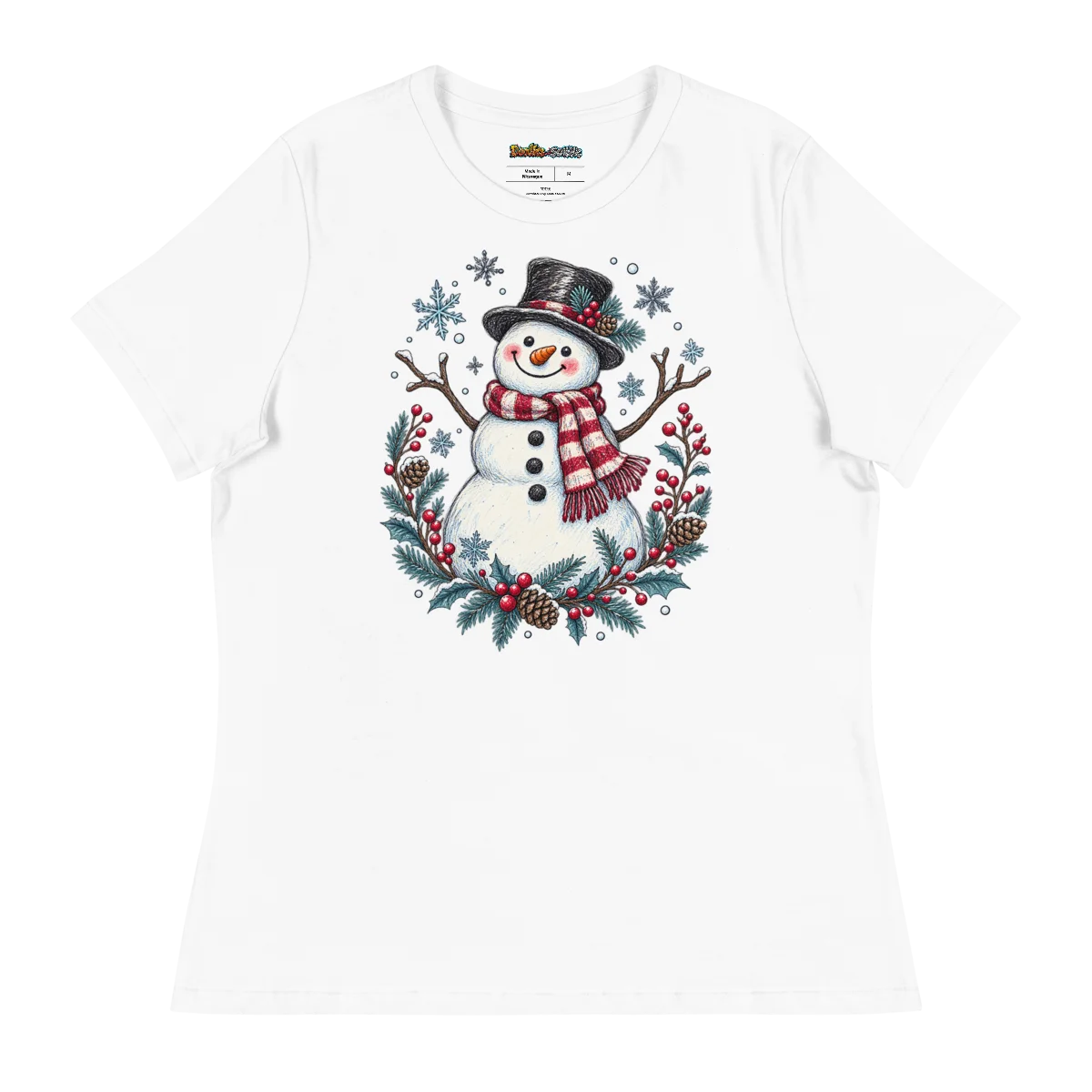 Women's Relaxed Festive Snowman with Winter Wonderland Doodle Art Tee