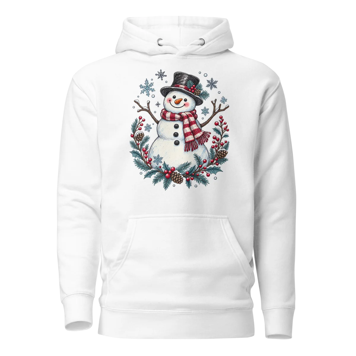 Festive Snowman with Winter Wonderland Doodle Graphic Pullover Hoodie in White