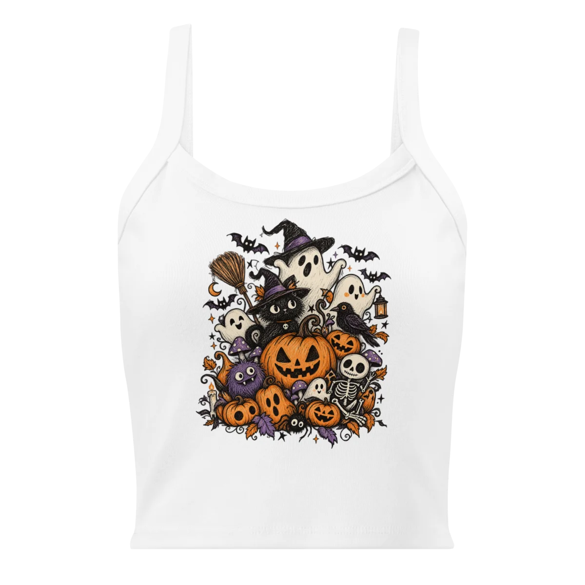 Women's Spooky Gathering Doodle - Eerie Festivities Micro-Rib Tank