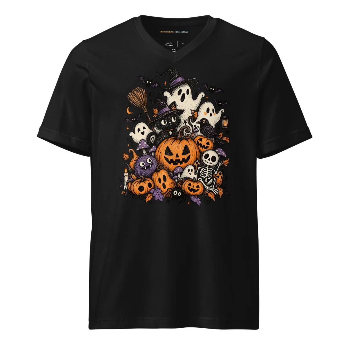 V-Neck Spooky Gathering Doodle - Eerie Festivities Art Tee alternate view