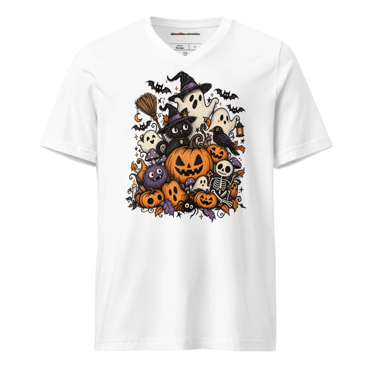 V-Neck Spooky Gathering Doodle - Eerie Festivities Art Tee