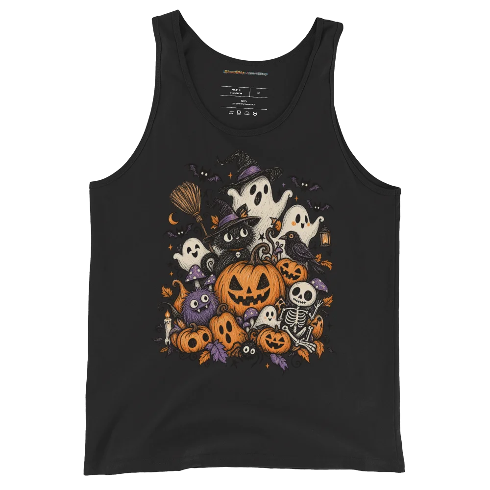 Spooky Gathering Doodle - Eerie Festivities Illustrated Tank Top alternate view
