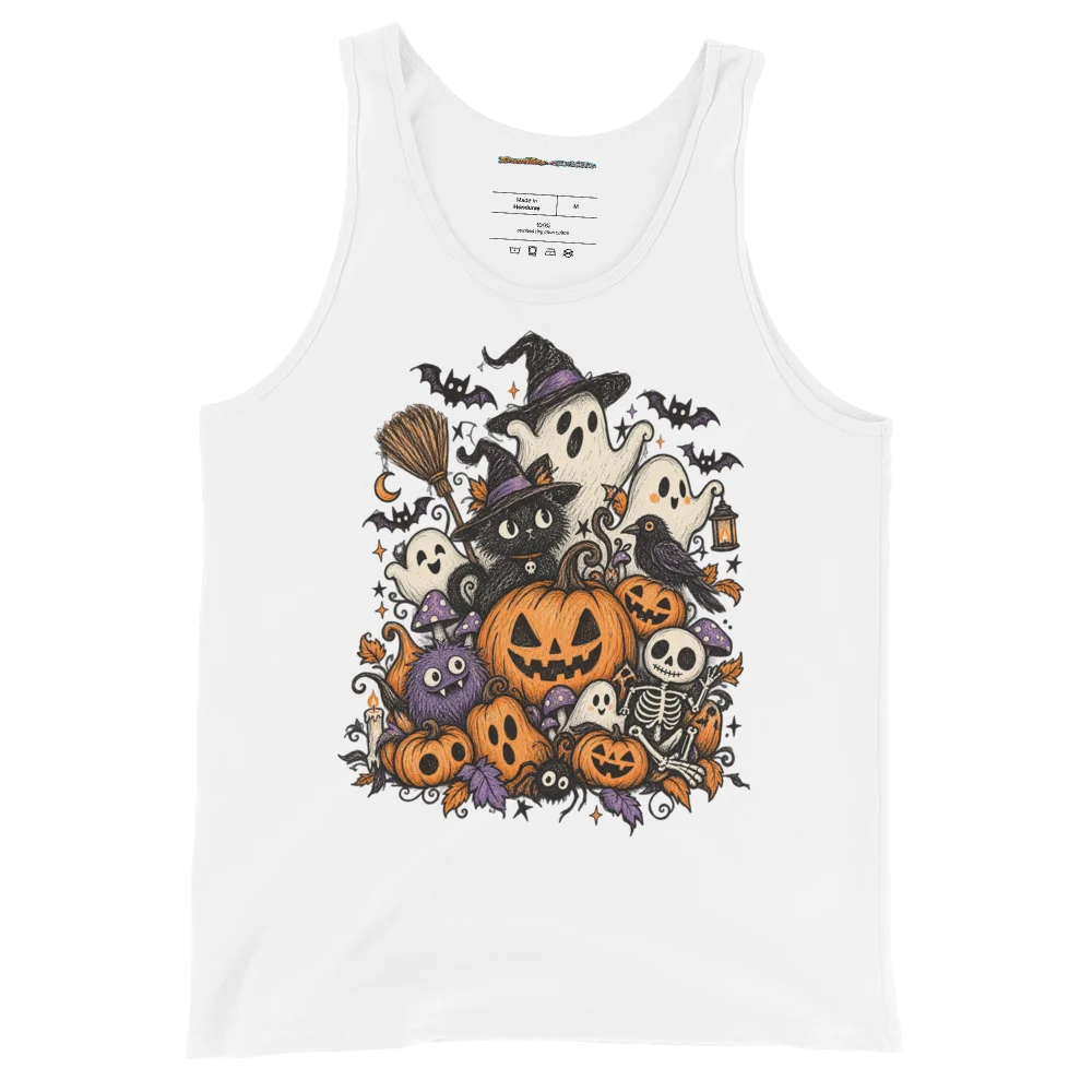 Spooky Gathering Doodle - Eerie Festivities Illustrated Tank Top