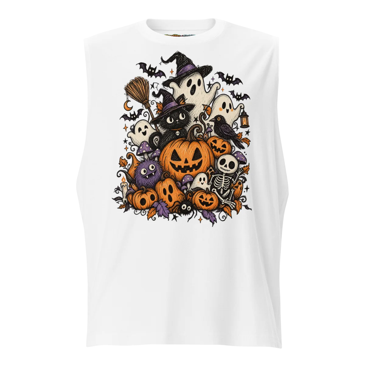 Spooky Gathering Doodle - Eerie Festivities Sleeveless Graphic Shirt