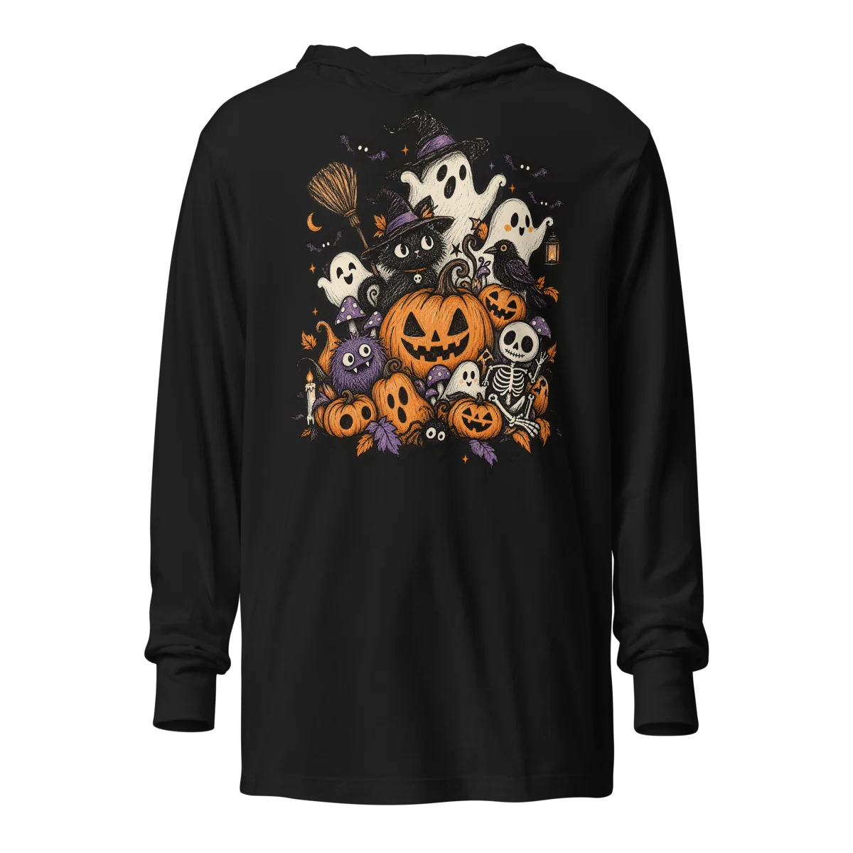 Hooded Spooky Gathering Doodle - Eerie Festivities Long-Sleeve Top alternate view