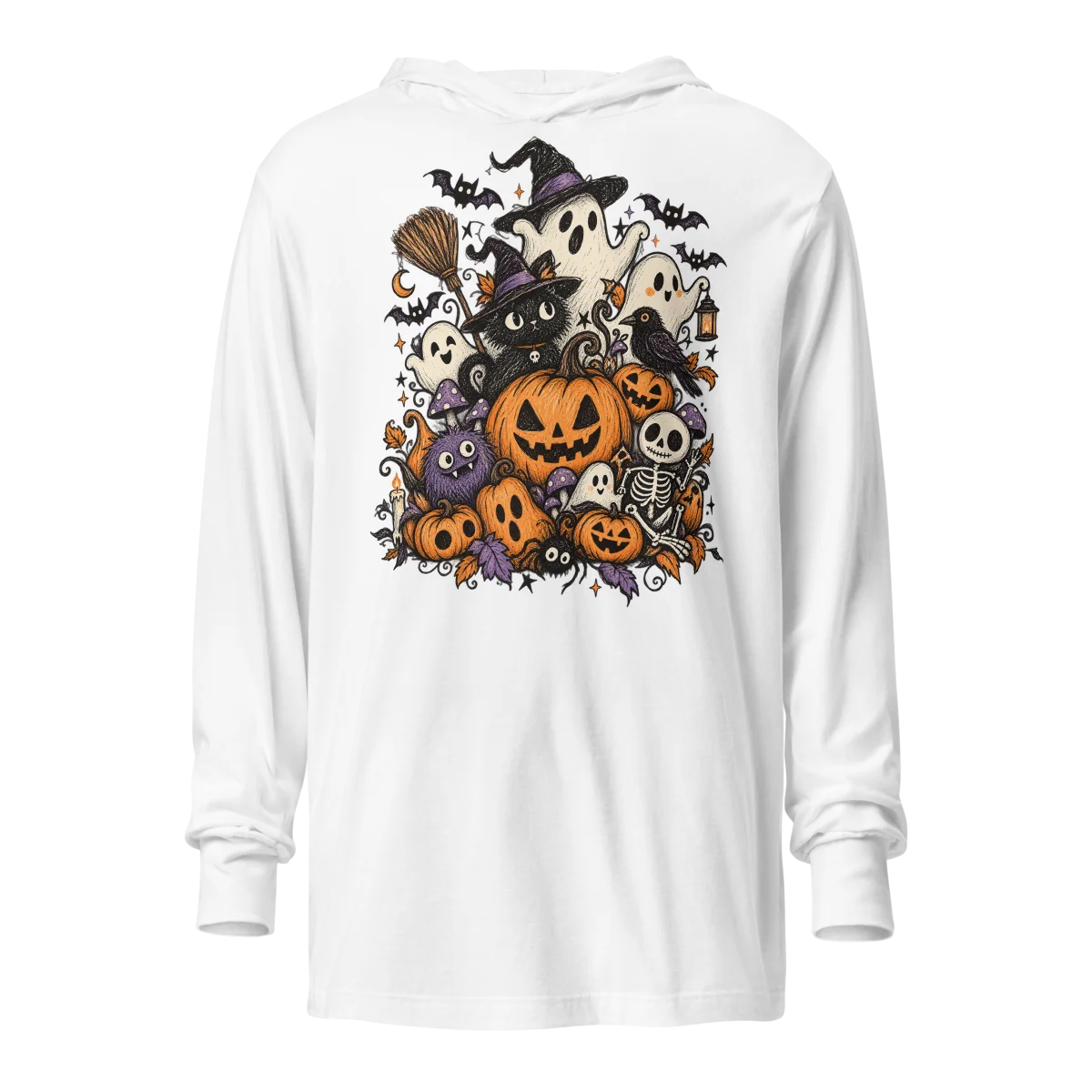 Hooded Spooky Gathering Doodle - Eerie Festivities Long-Sleeve Top