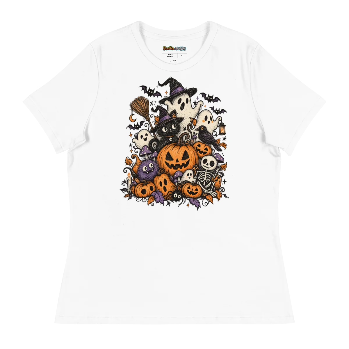 Women's Relaxed Spooky Gathering Doodle - Eerie Festivities Art Tee