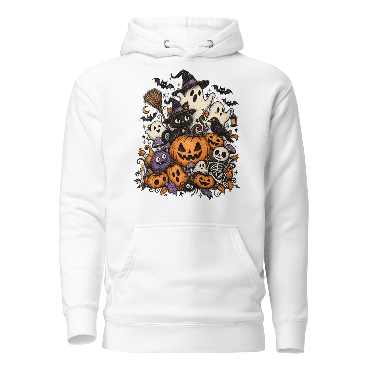 Spooky Gathering Doodle - Eerie Festivities Graphic Pullover Hoodie in White
