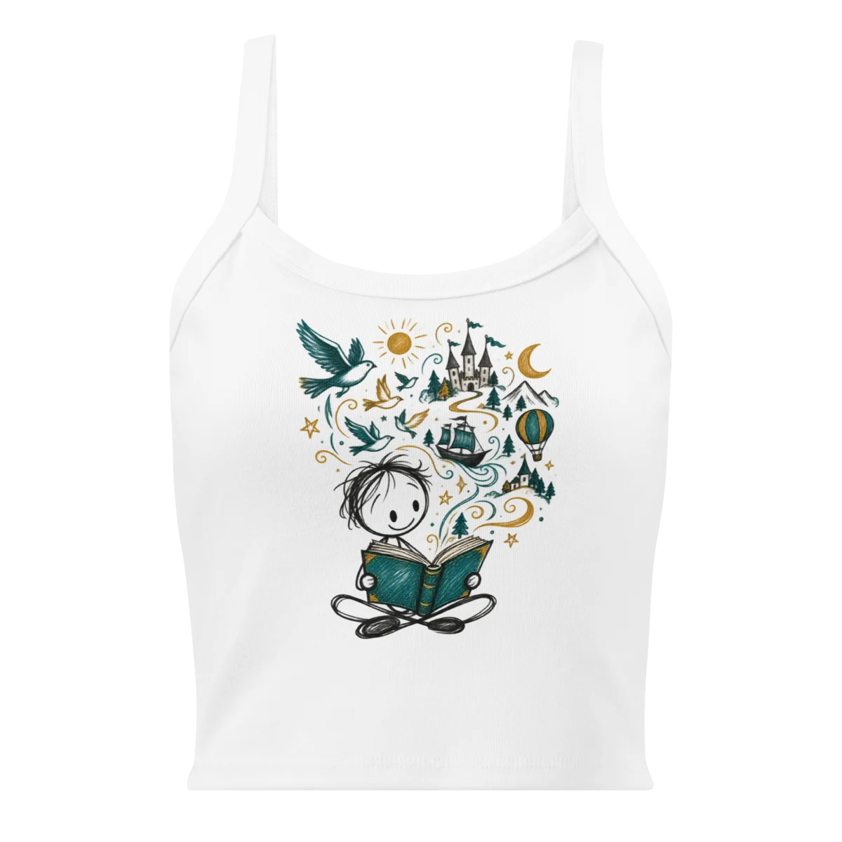 Women's Literary Dreams with Whimsical Storyteller Doodle Micro-Rib Tank