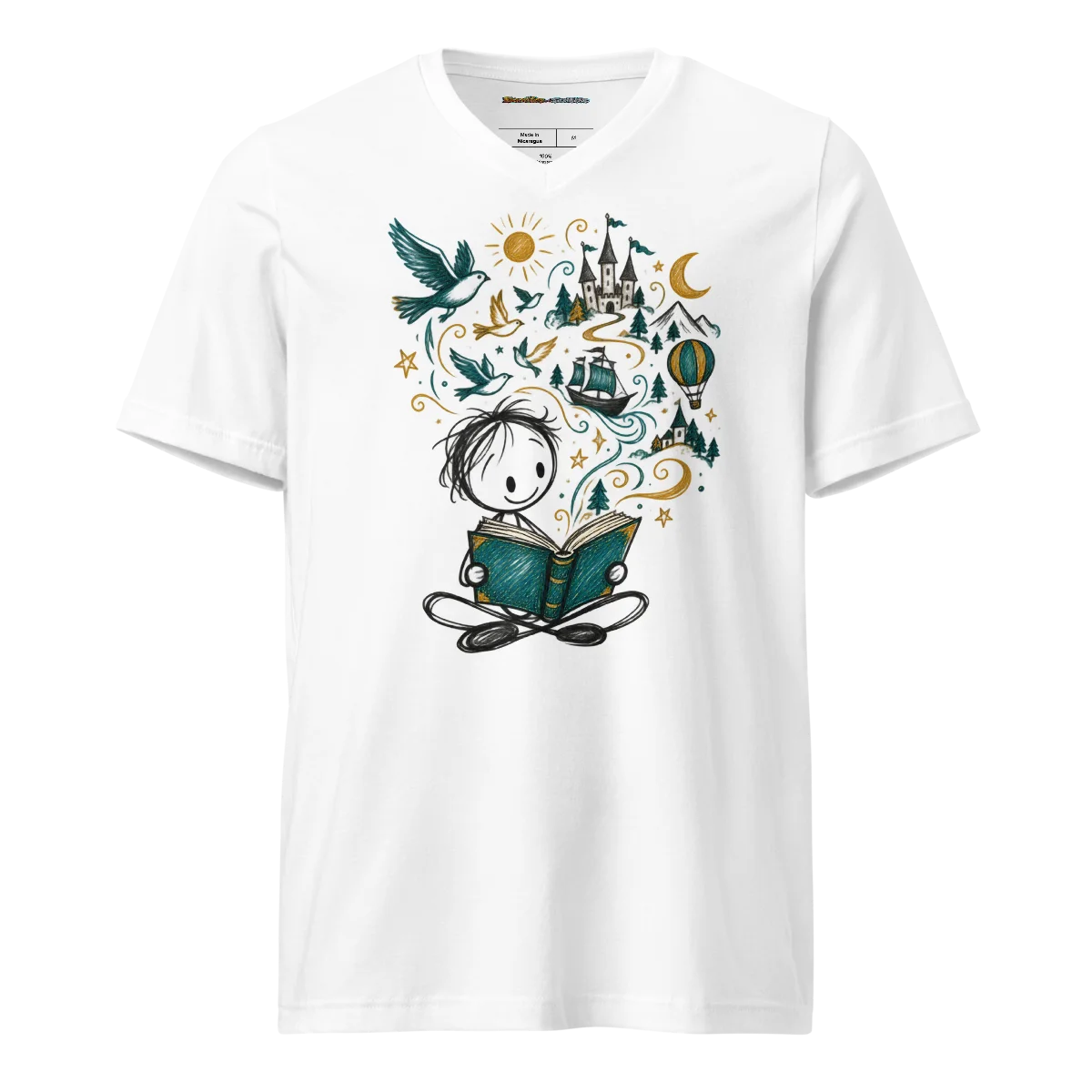 V-Neck Literary Dreams with Whimsical Storyteller Doodle Art Tee in White