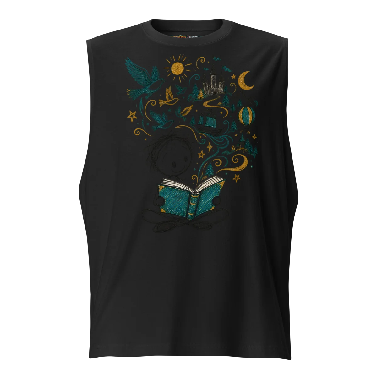 Literary Dreams with Whimsical Storyteller Doodle Sleeveless Graphic Shirt alternate view