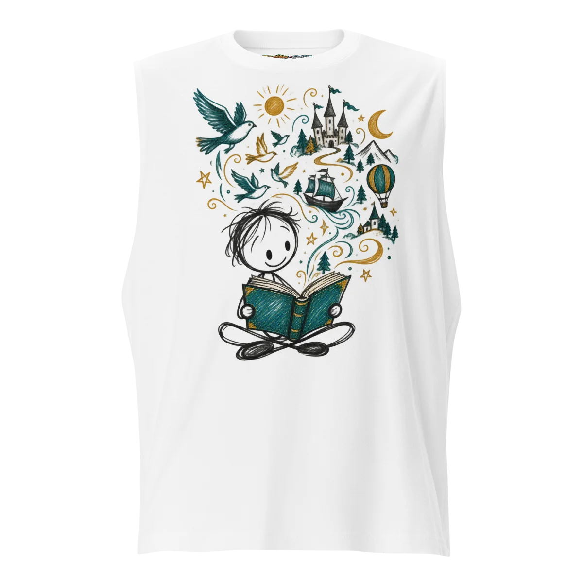 Literary Dreams with Whimsical Storyteller Doodle Sleeveless Graphic Shirt