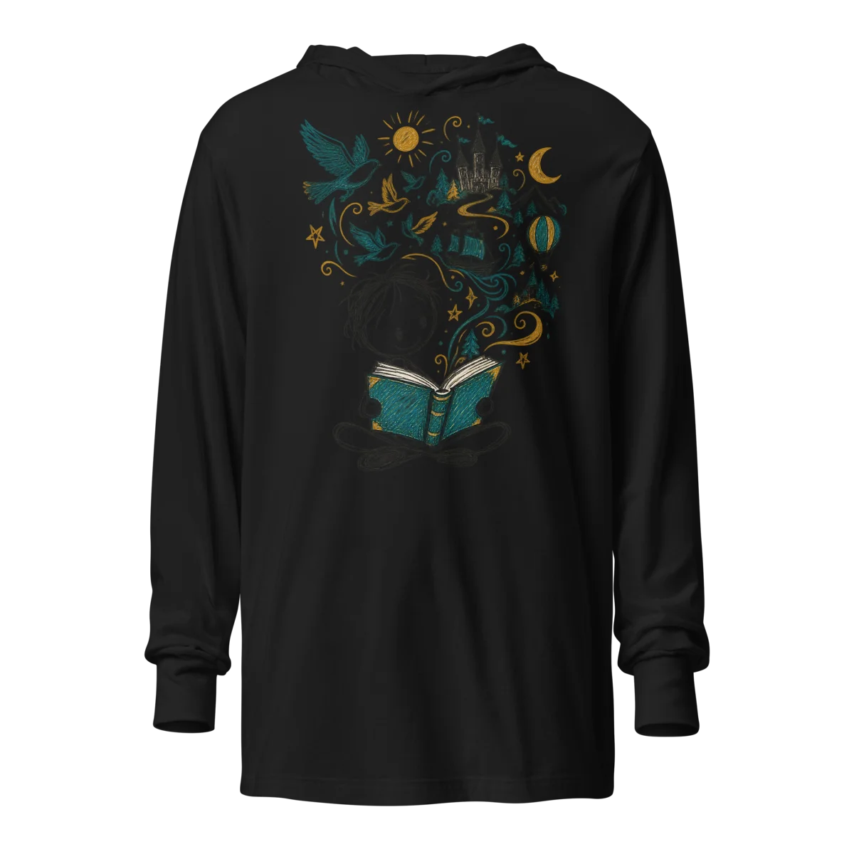 Hooded Literary Dreams with Whimsical Storyteller Doodle Long-Sleeve Top alternate view