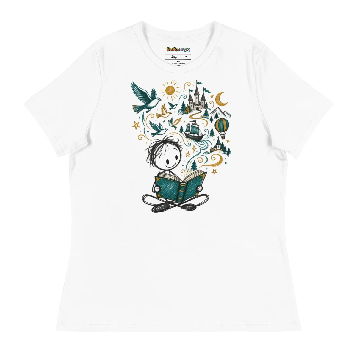 Women's Relaxed Literary Dreams with Whimsical Storyteller Doodle Art Tee