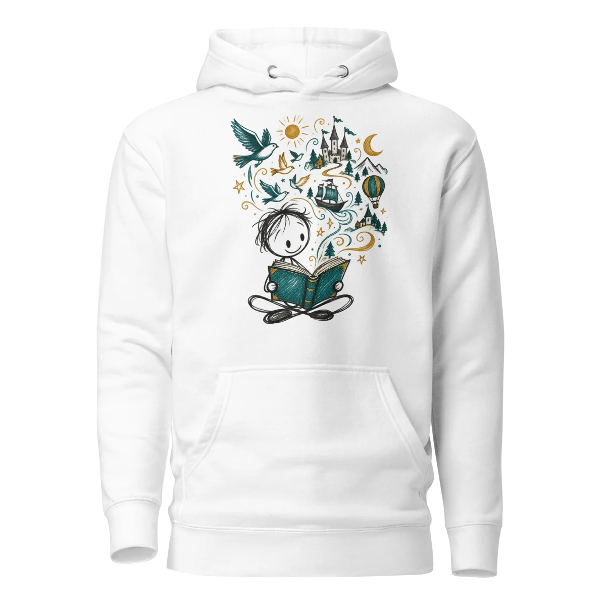 Literary Dreams with Whimsical Storyteller Doodle Graphic Pullover Hoodie