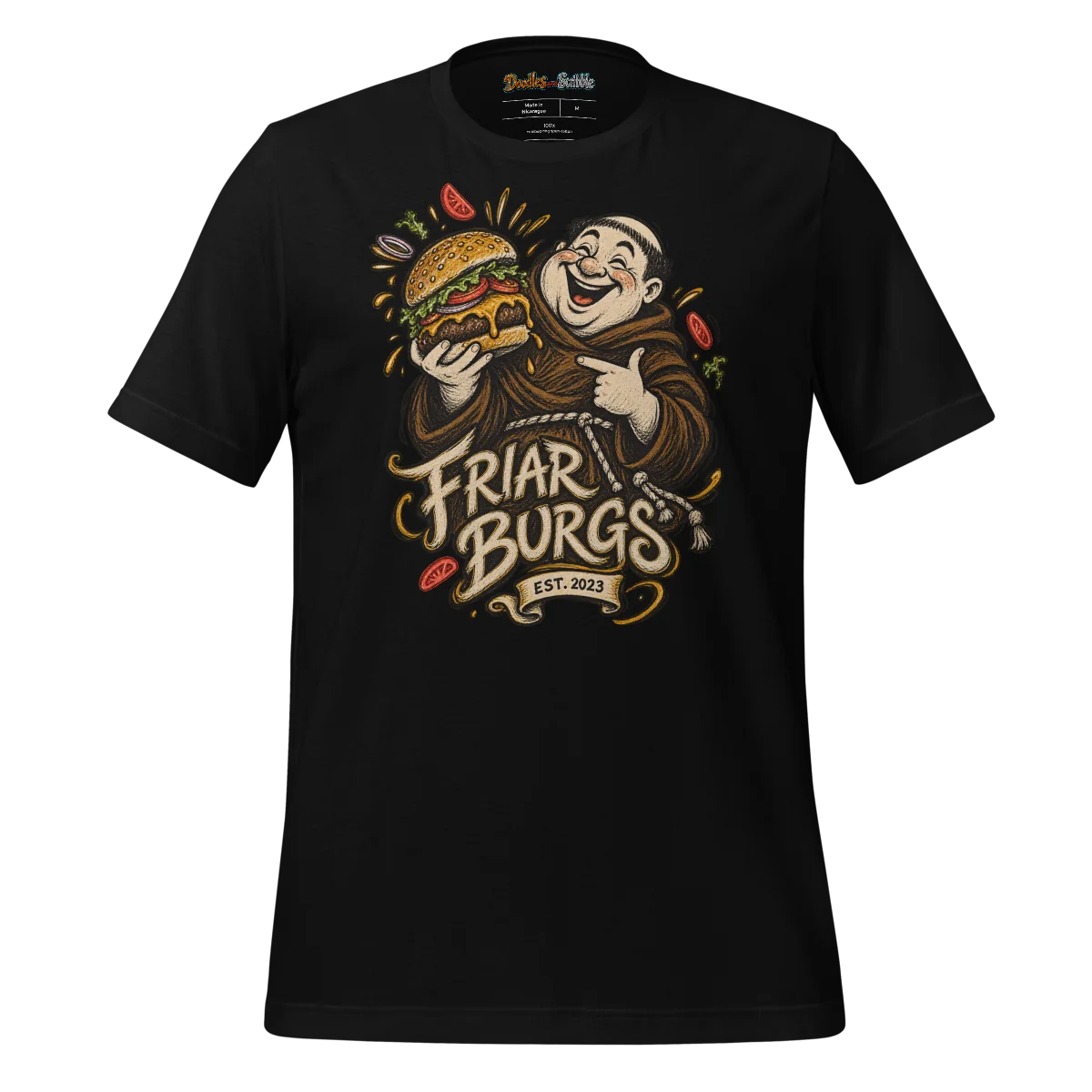 Friar Burgs Logo T Shirt with Full Front Monk and Burger Print alternate view