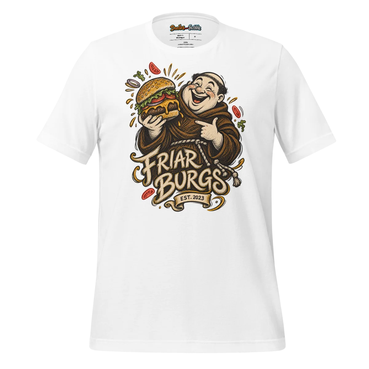 Friar Burgs Logo T Shirt with Full Front Monk and Burger Print